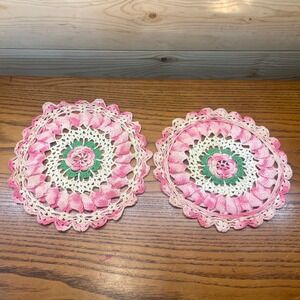 Set 2 Vintage Hand Crocheted Doily Pink Flower Round 9" & 8.5" Round Pink Doily